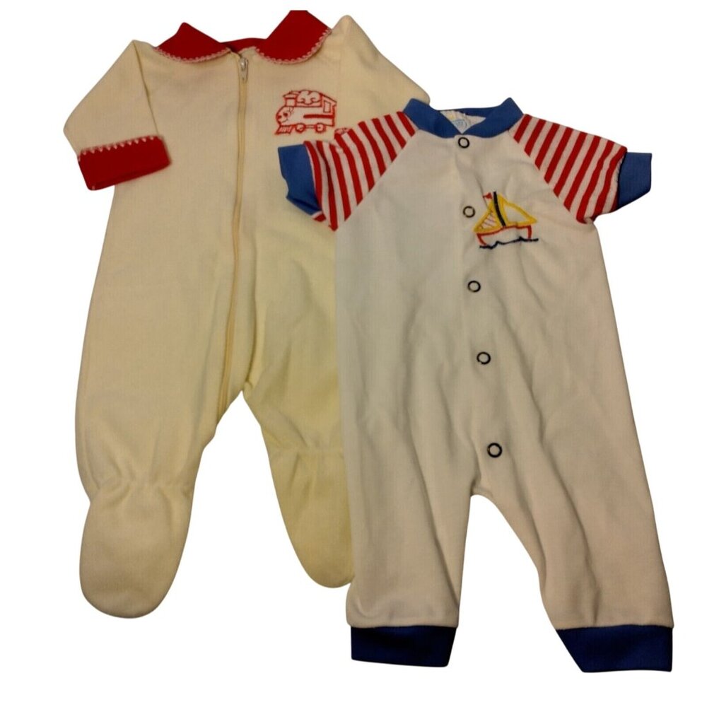 Vintage Newborn Baby Pajamas Unisex 2 PJs Nautical Short Sleeve Footie Train